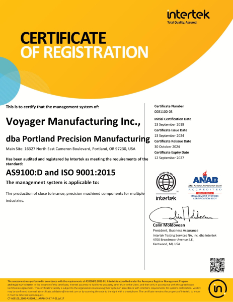 AS9100 D Certificate of Registration